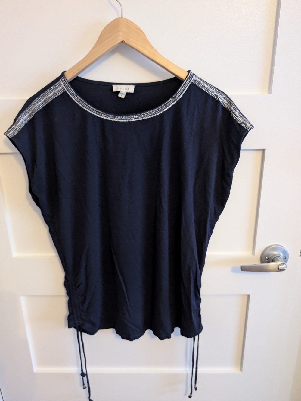 Laura Navy Short sleeve Top with Silver Trim